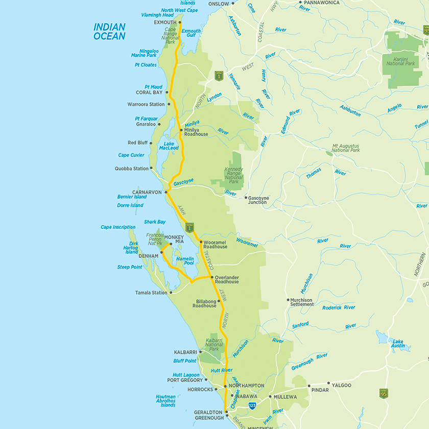 Coral coast WA self-drive map